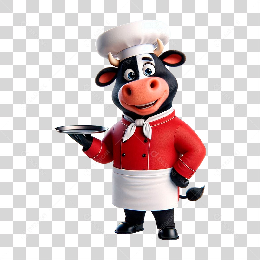 Mascote Animal Boi Segurando Bandeija Chefe de Cozinha PNG Transparente