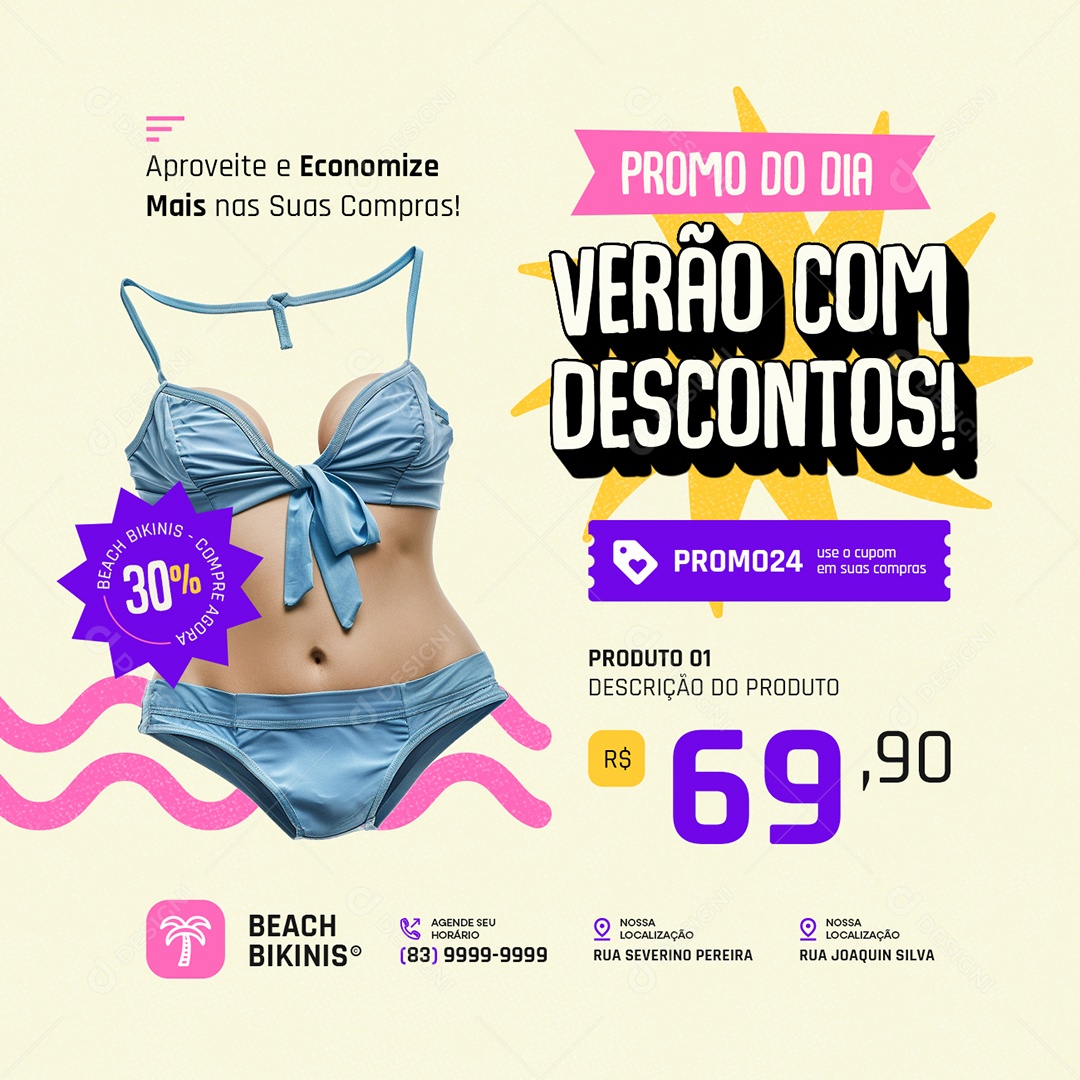 Moda Praia Promo do Dia Verão com Descontos Biquinis Social Media PSD Editável
