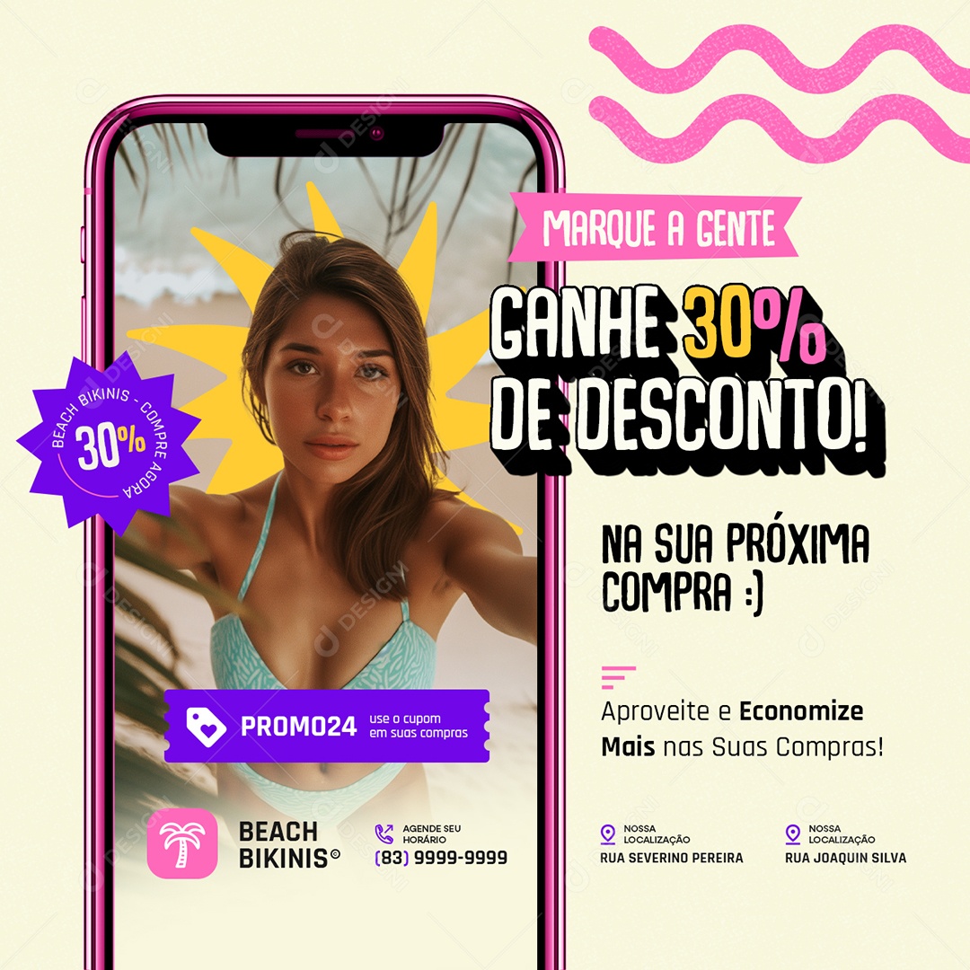 Moda Praia Marque a Gente Ganhe 30% de Desconto Social Media PSD Editável