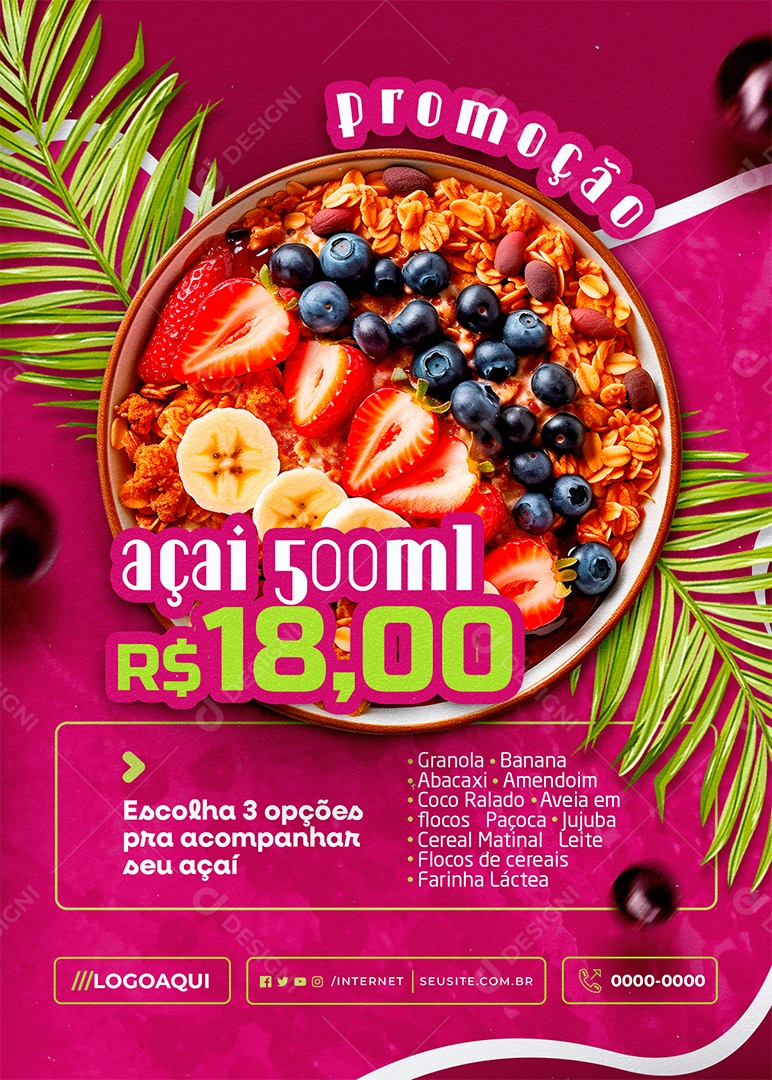Flyer Açaí Promoção Açaí 500ML Social Media PSD Editável