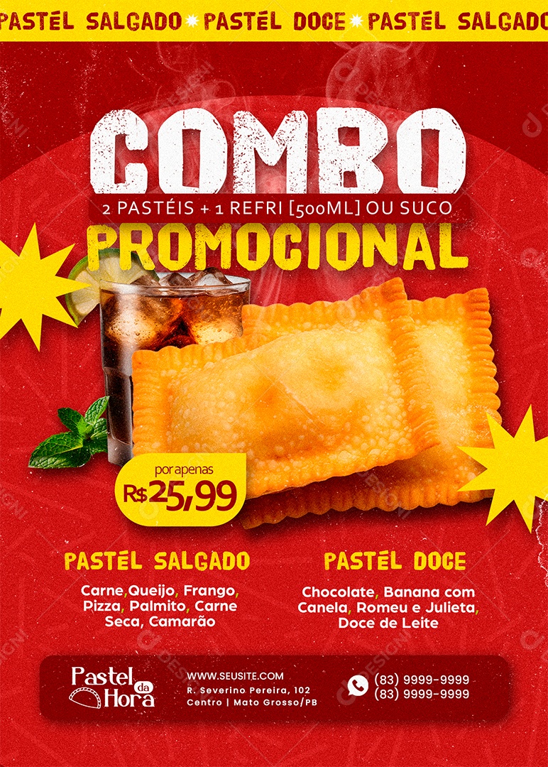 Flyer Lanchonete Combo Promocional 2 Pasteis Refri Social Media PSD Editável