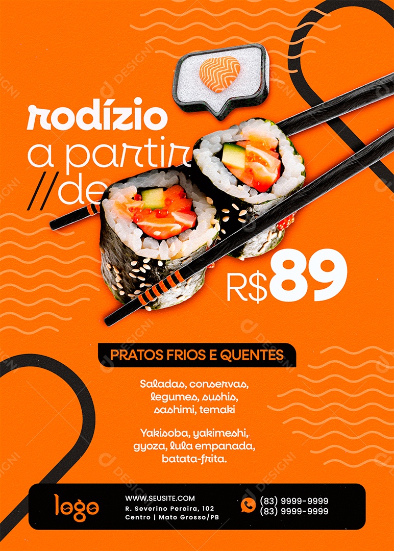 Flyer Sushi Rodízio a Partir de Pratos Frios e Quentes Social Media PSD Editável