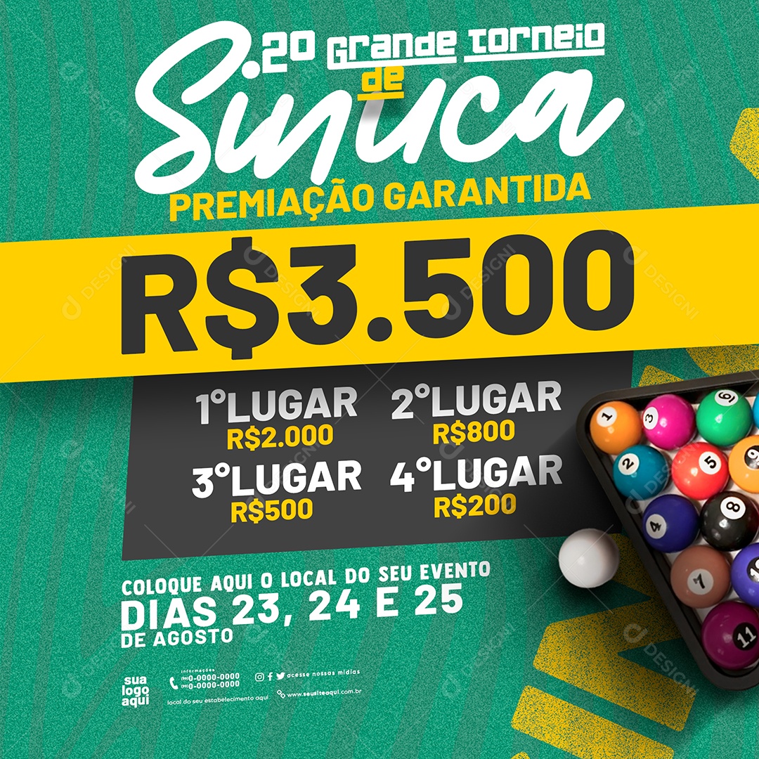 Feed Grande Torneio de Sinuca 3.500 Garantido Social Media PSD Editável