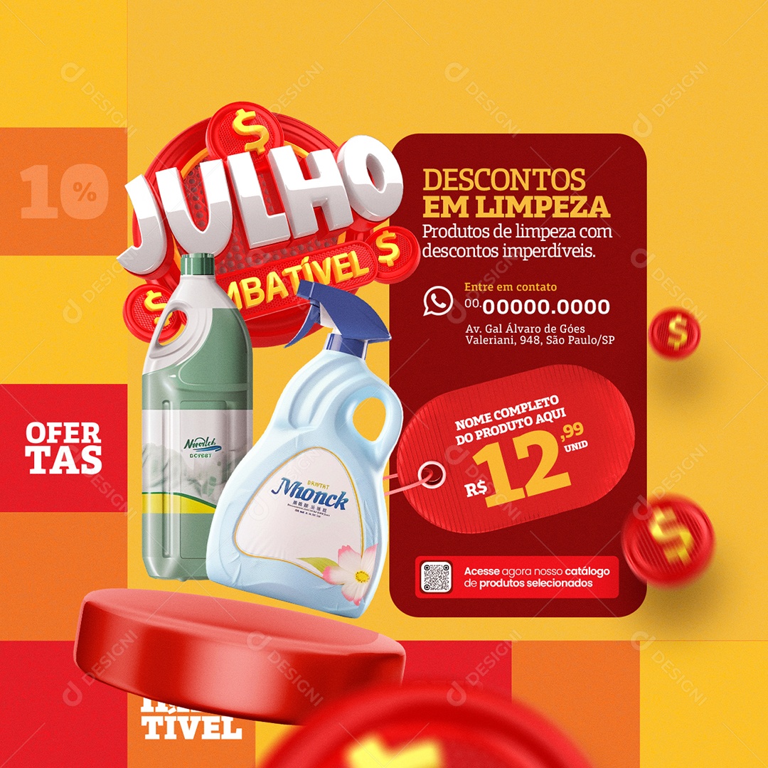 Supermercado Julho Imbatível Descontos em Limpeza Social Media PSD Editável