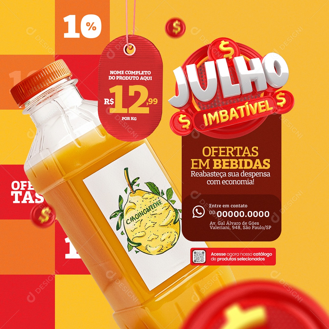 Supermercado Julho Imbatível Ofertas em Bebidas Social Media PSD Editável