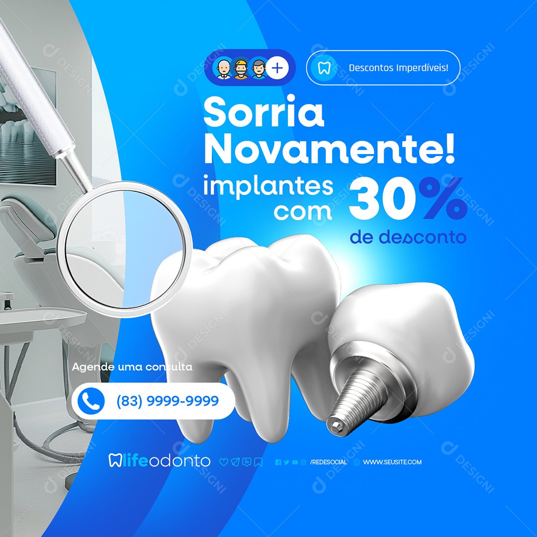 Dentista Sorria Novamente Implante com 30% Social Media PSD Editável