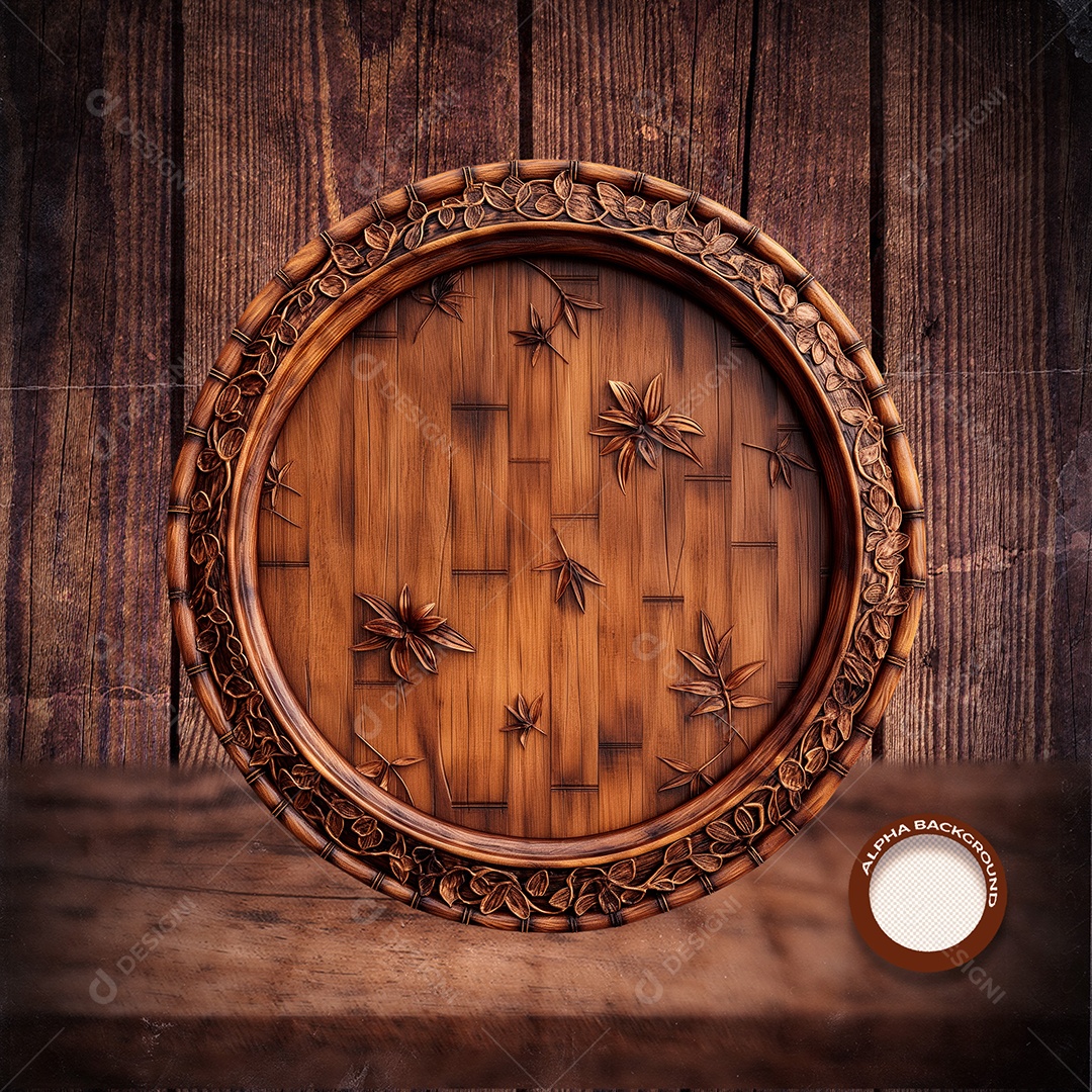 Círculo de Madeira Detalhe de Flor Elemento 3D para Composição PSD