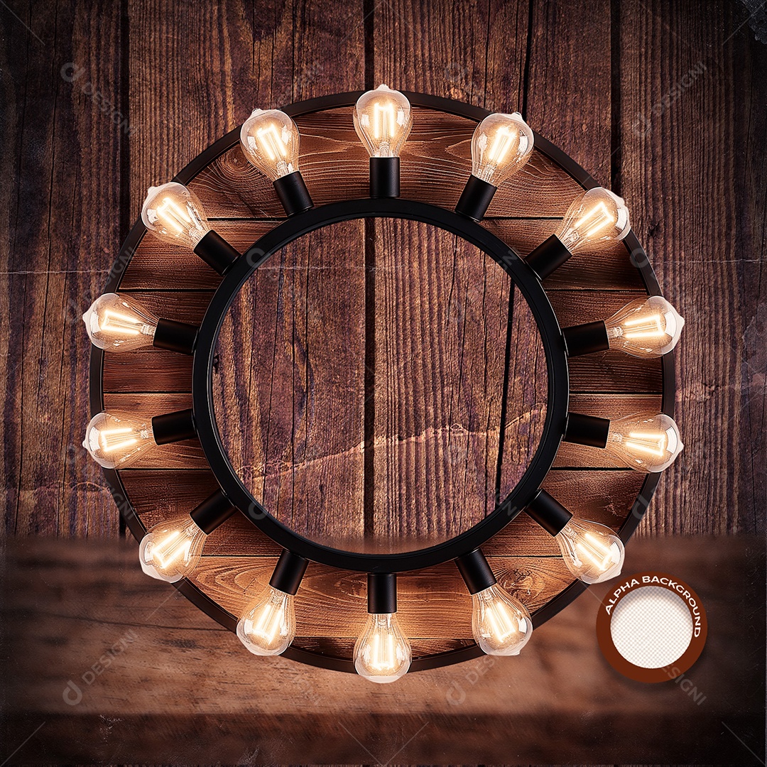 Círculo de Madeira e Lâmpadas Elemento 3D para Composição PSD