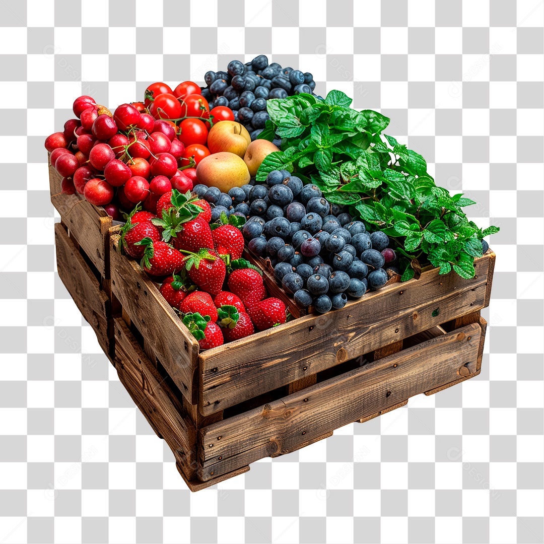 Caixa de Madeira com Frutas PNG Transparente
