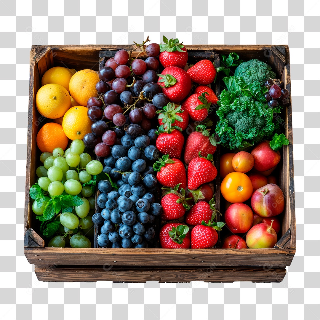 Caixa de Madeira com Frutas PNG Transparente
