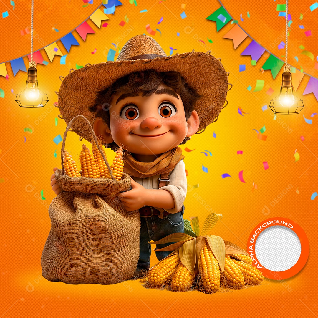 Garoto com Saco de Milho Elemento 3D para Composição PSD