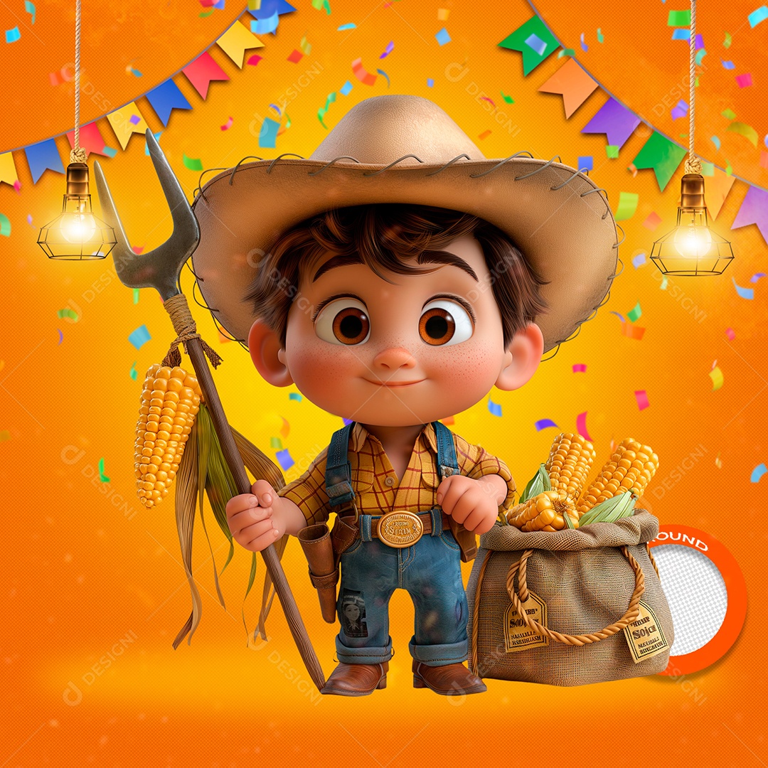 Menino com Saco Milho Elemento 3D para Composição PSD