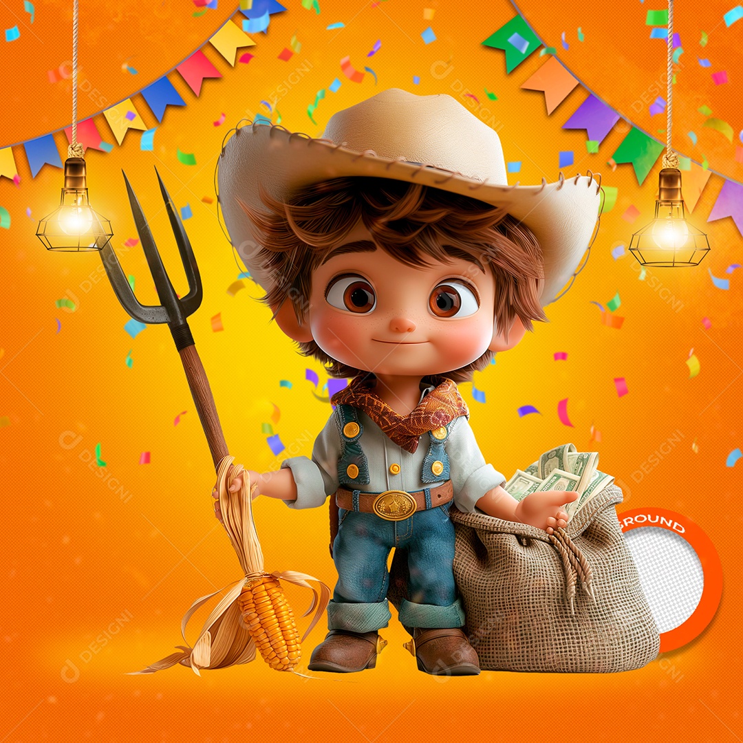 Garotinho Segurando um Saco Espeto e Milho Elemento 3D para Composição PSD