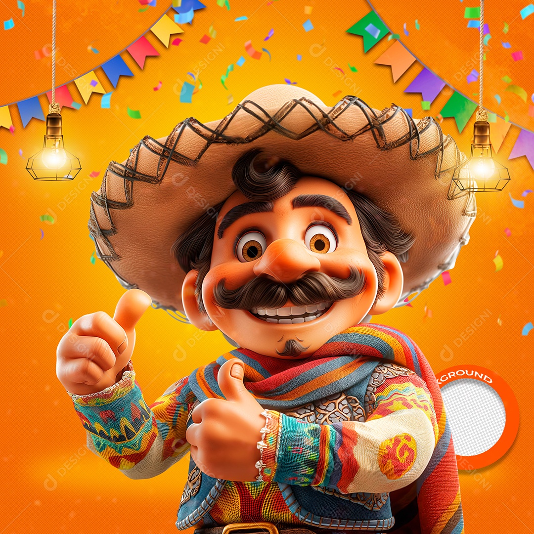 Homem Feliz em Festa Junina Elemento 3D para Composição PSD