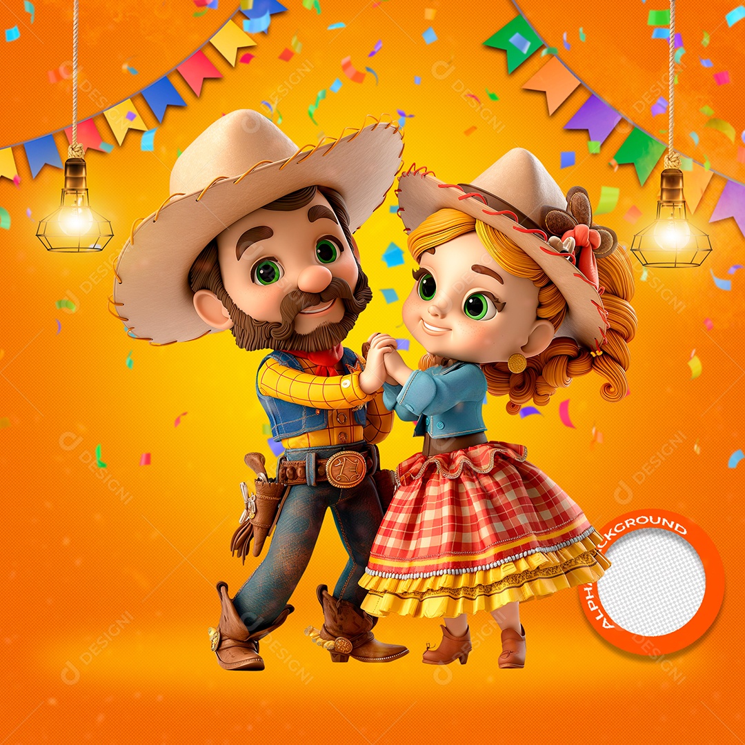 Casal em Festa Junina Dançando Elemento 3D para Composição PSD