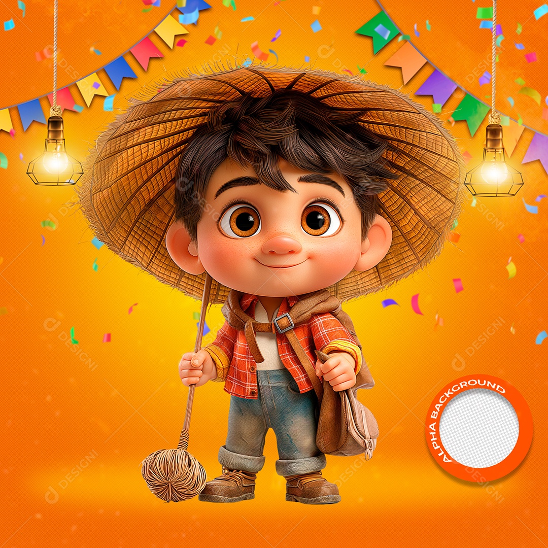 Garotinho em Festa Funina Elemento 3D para Composição PSD