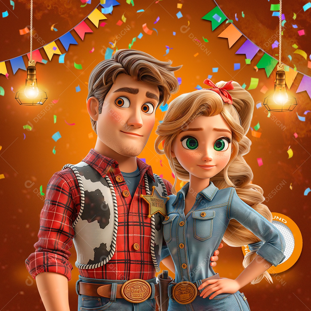 Casal em Festa Junina Elemento 3D para Composição PSD