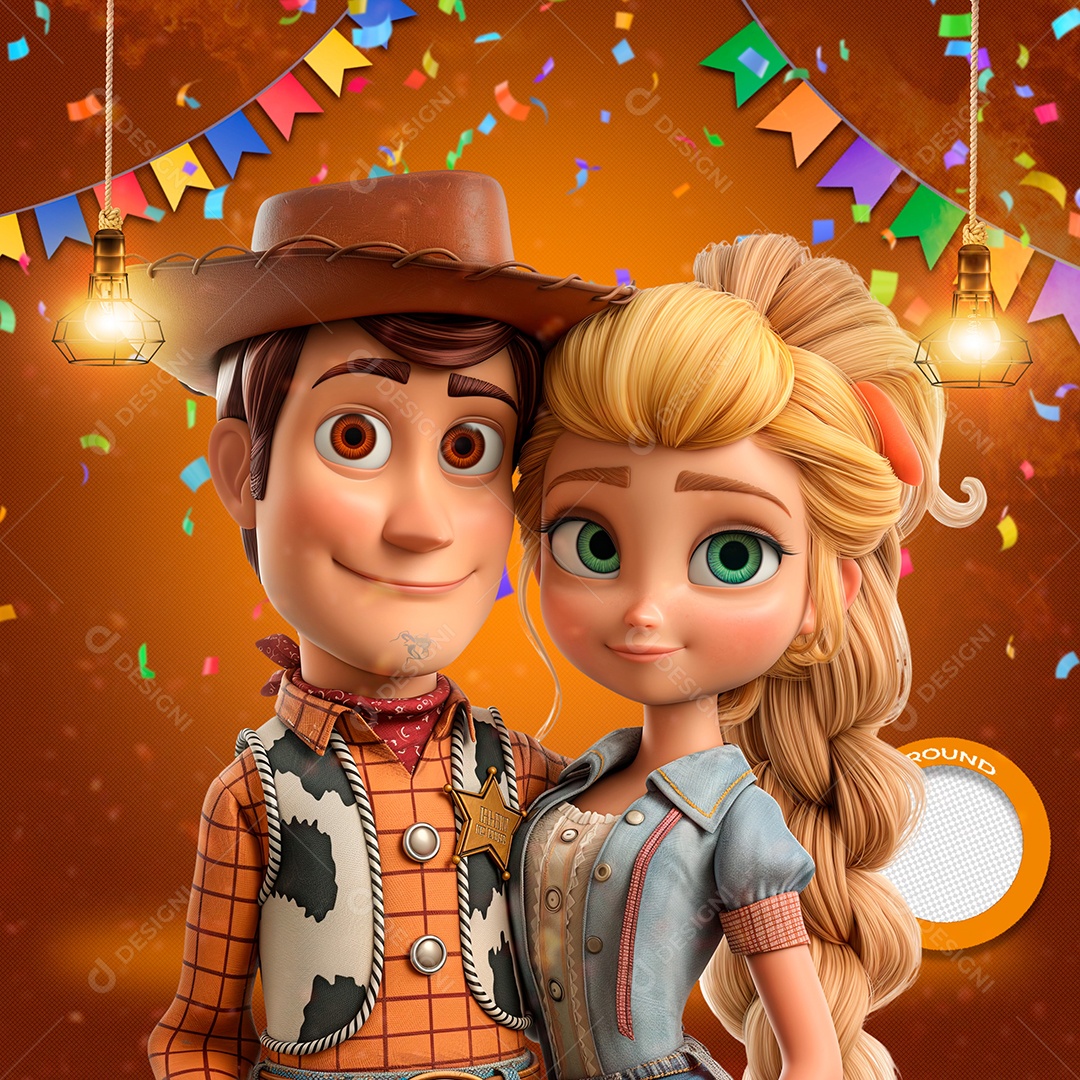 Casal Caipira Elemento 3D de São João para Composição PSD