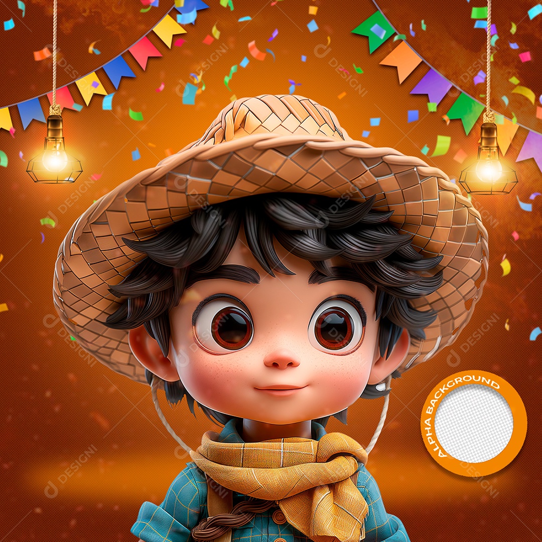 Garotinho Caipira Elemento 3D para Composição PSD