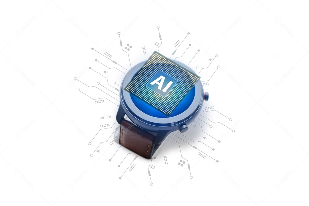 Tecnologia de inteligência artificial AI em smartwatch em fundo branco