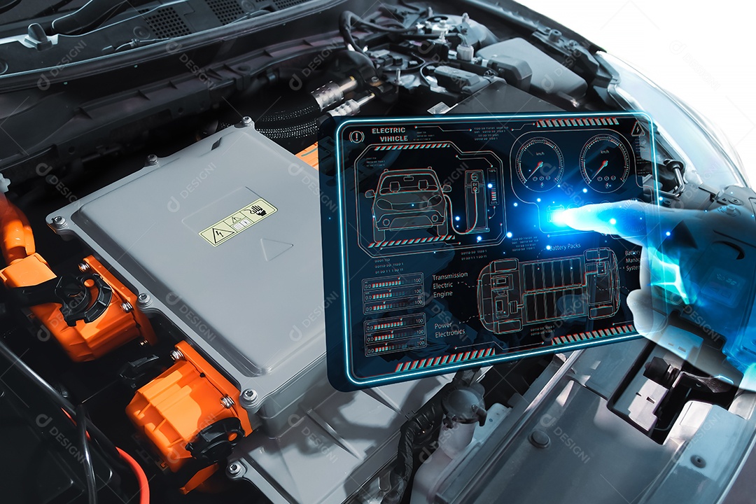 Toque gráfico virtual futurista na tela com unidade de controle de motor elétrico de carro