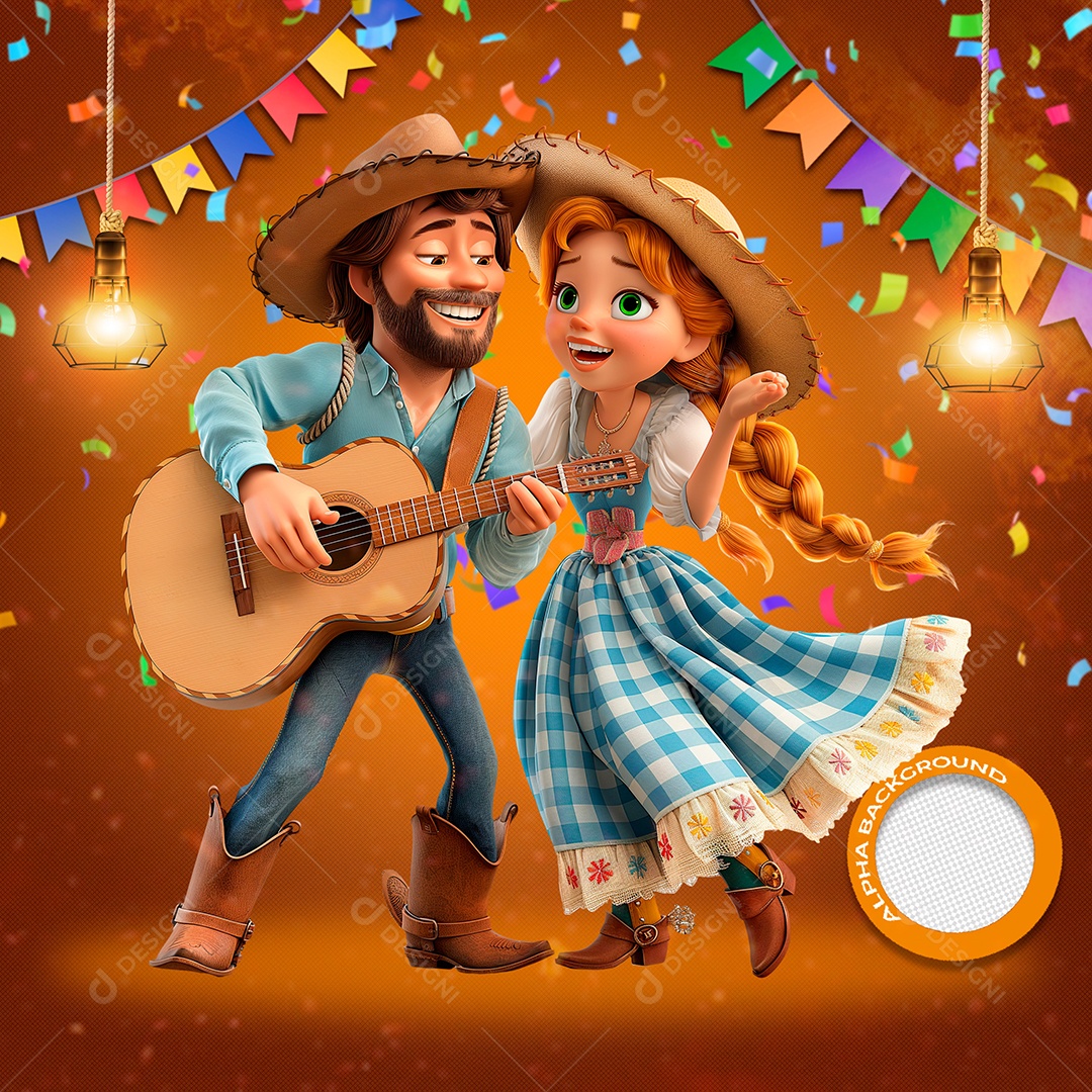 Casal Caipira Catando Elemento 3D de São João para Composição PSD