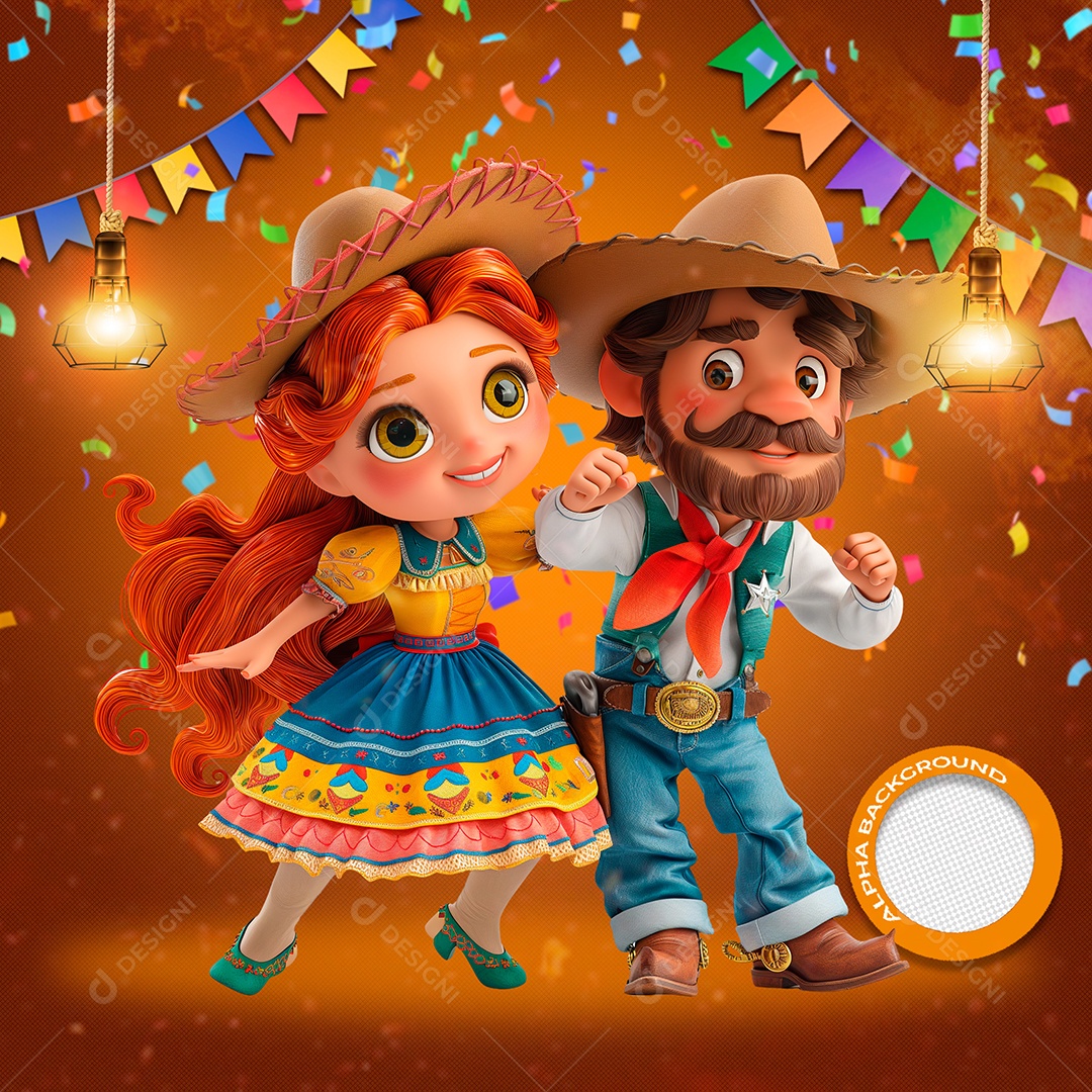 Casal Dançante Elemento 3D de São João para Composição PSD