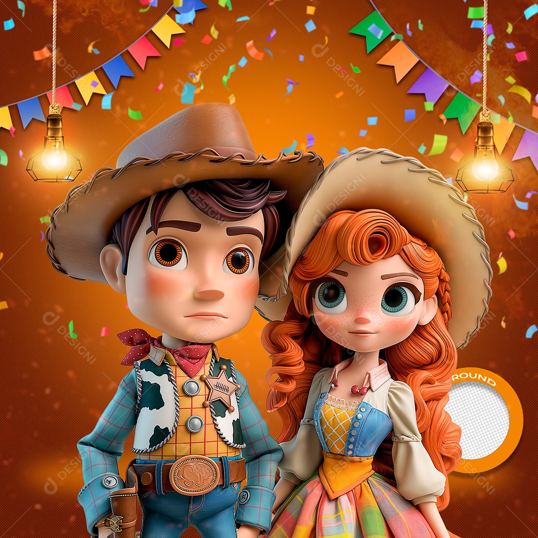 Casal de Jovens Caipira Elemento 3D de São João para Composição PSD