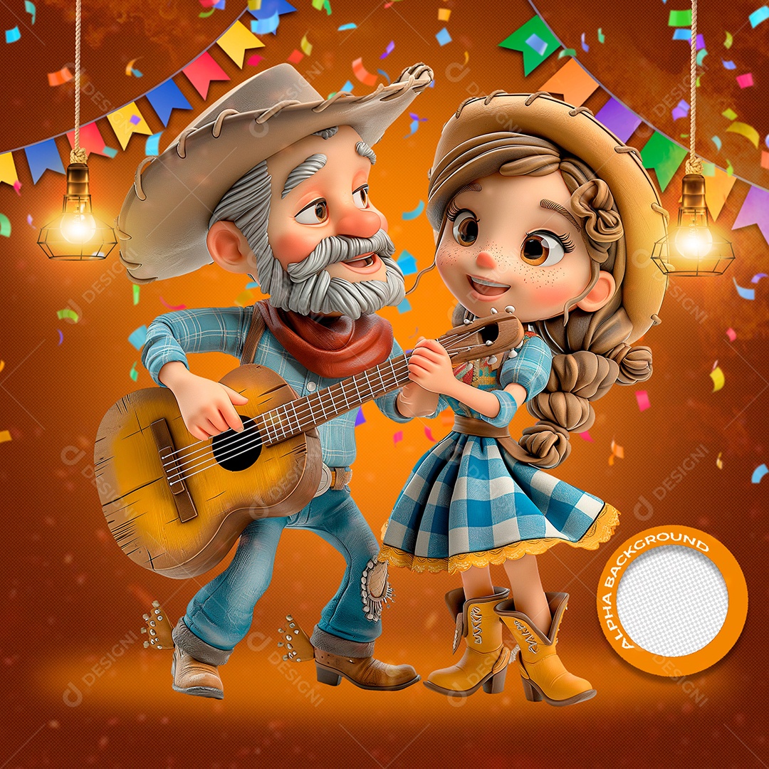 Pai e Filha Cantando no São João Elemento 3D para Composição PSD