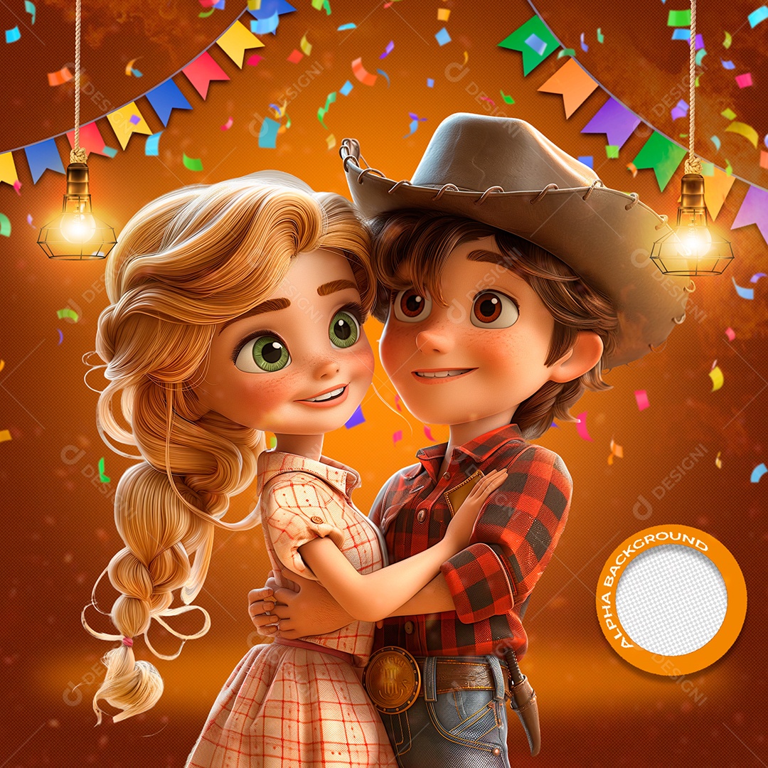 Casal Caipira Dançando Elemento 3D de São João para Composição PSD