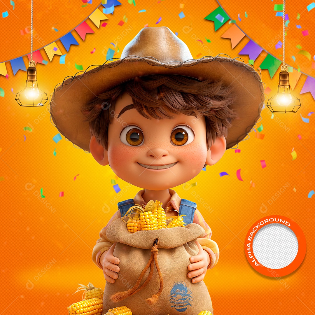 Menino Feliz Segurando um Saco de Milho Elemento 3D para Composição PSD