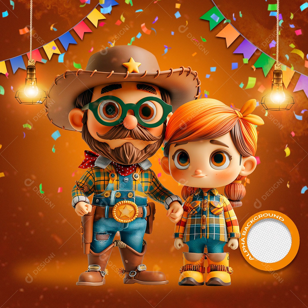 Pai e Filha Curtindo o São João Elemento 3D para Composição PSD