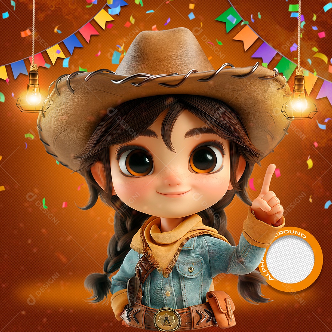 Linda Garotinha em Festa Junina Elemento 3D para Composição PSD
