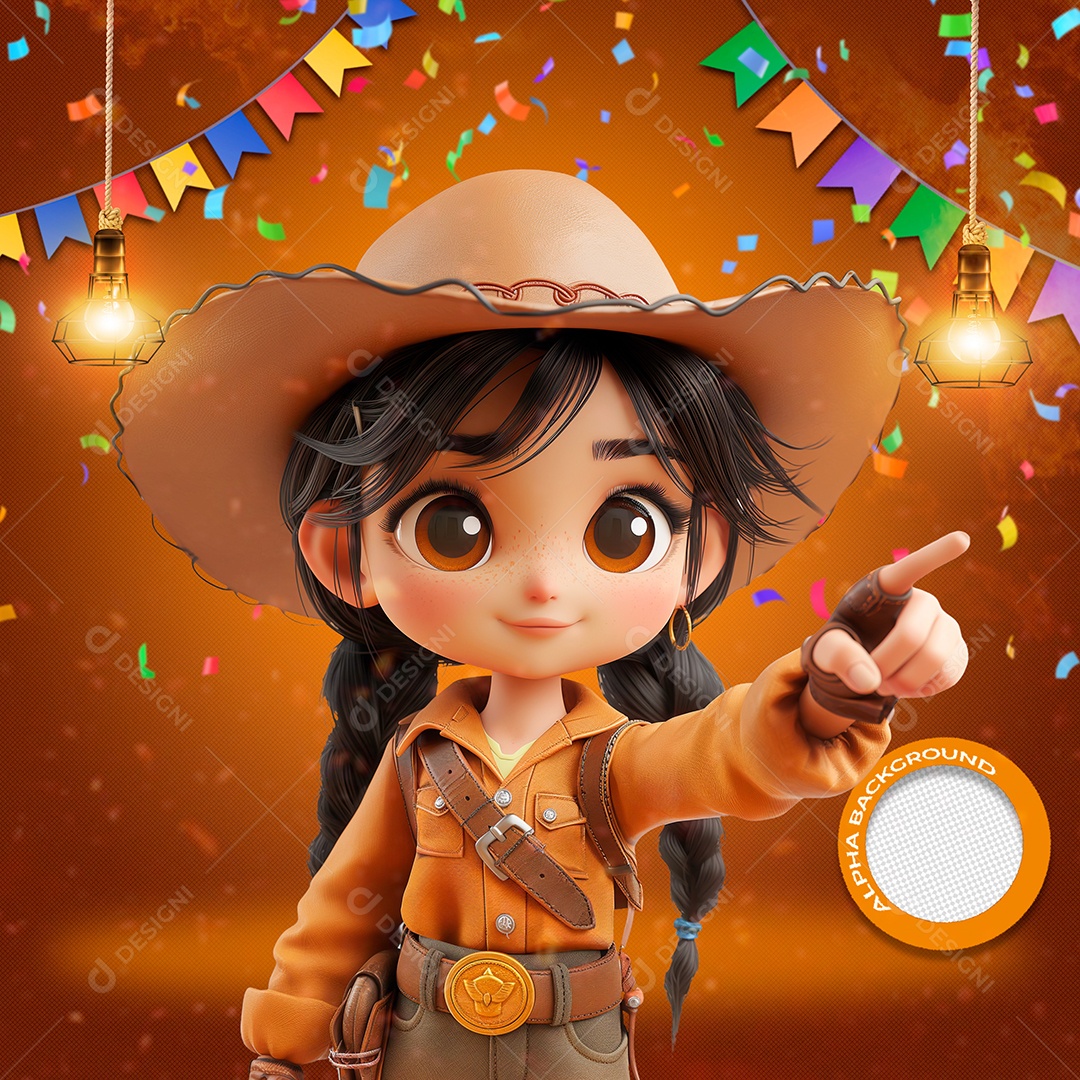 Garotinha Caipira Apontando para Algo Elemento 3D para Composição PSD