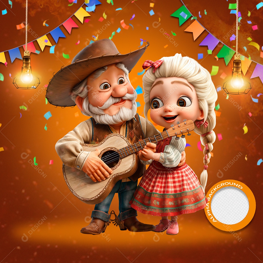 Casal Tocando a Festa Junina Feliz Elemento 3D para Composição PSD