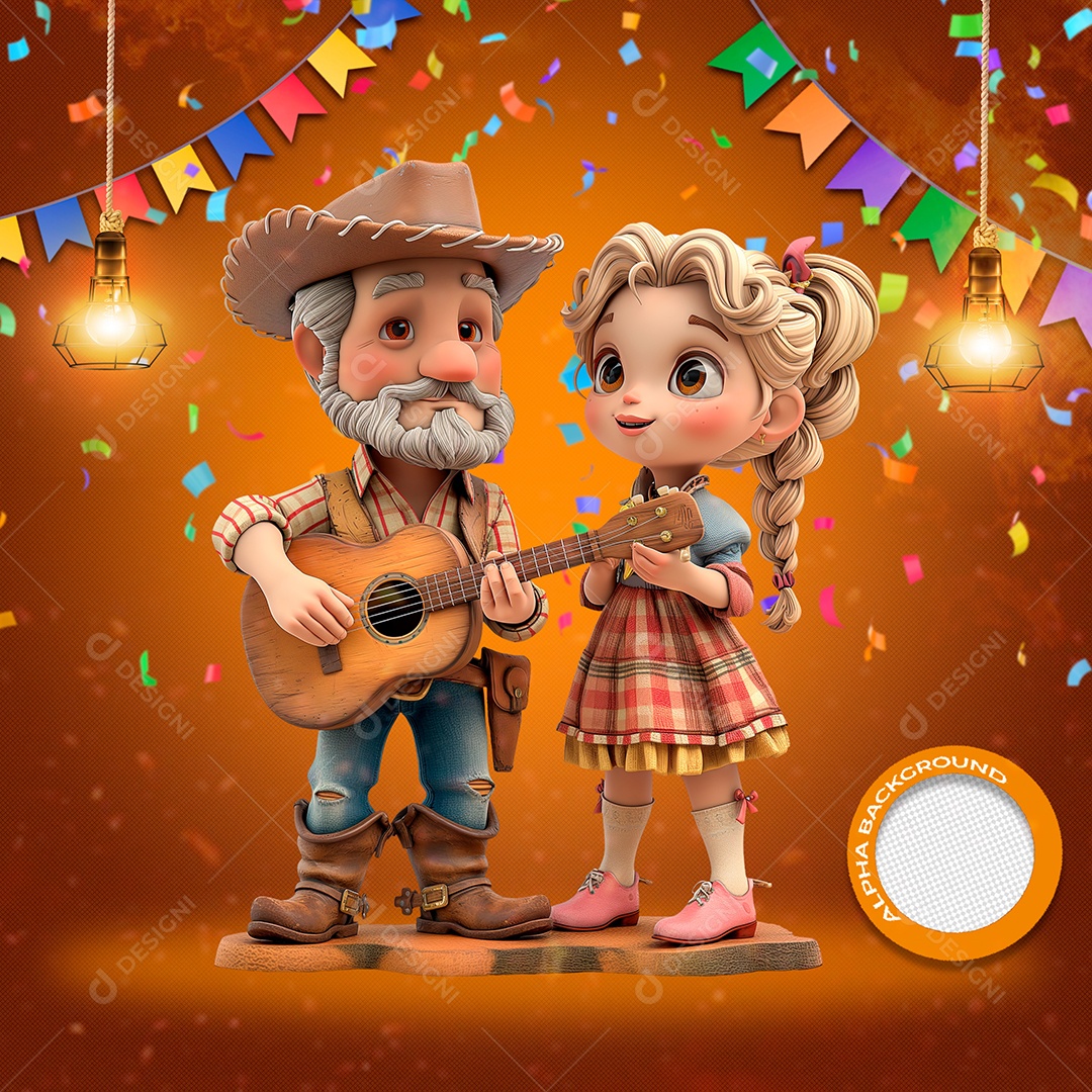 Casal Tocando a Festa Junina Elemento 3D para Composição PSD