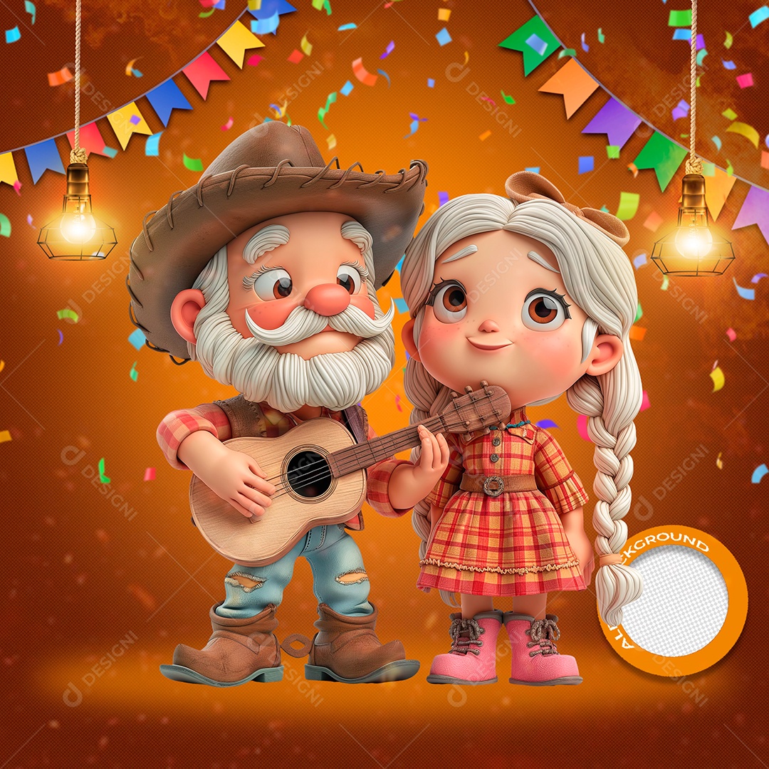 Dupla de Senhores Tocando a Festa Junina Elemento 3D para Composição PSD