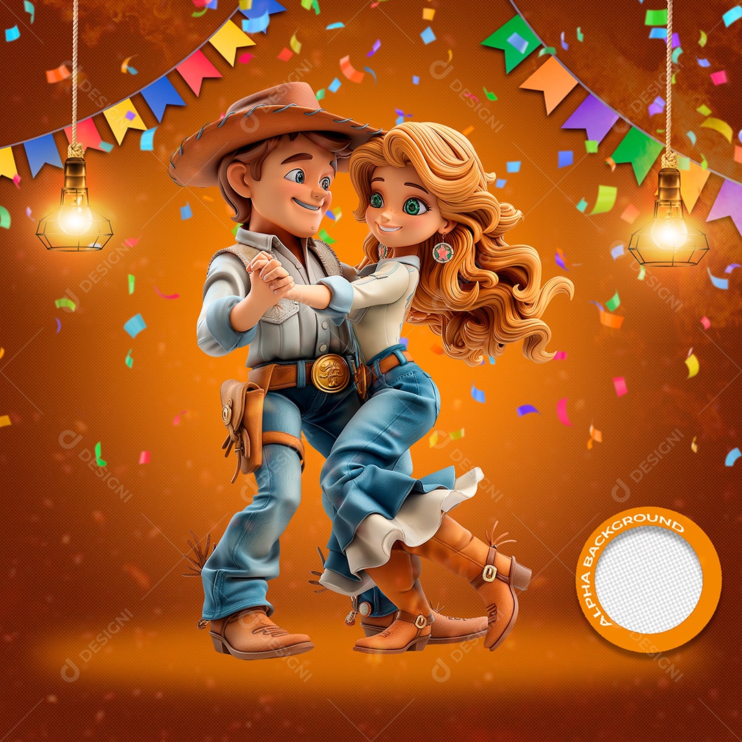 Casal Dançante em Festa Junina Elemento 3D para Composição PSD