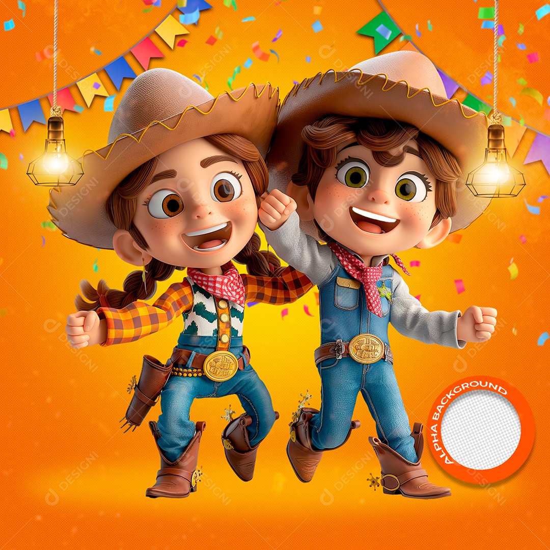 Casal de Criança Feliz Elemento 3D de São João para Composição PSD