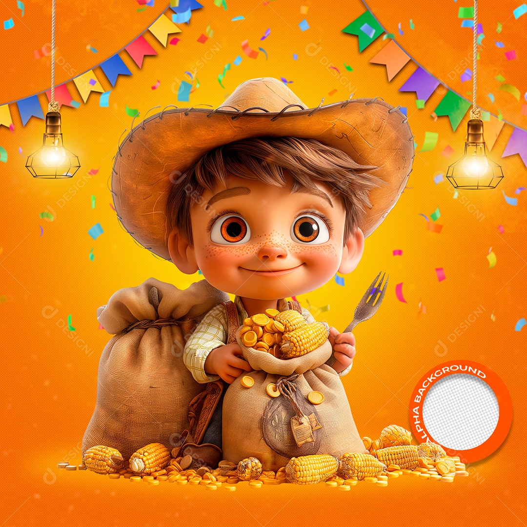 Menino com Saco Milho Elemento 3D para Composição PSD