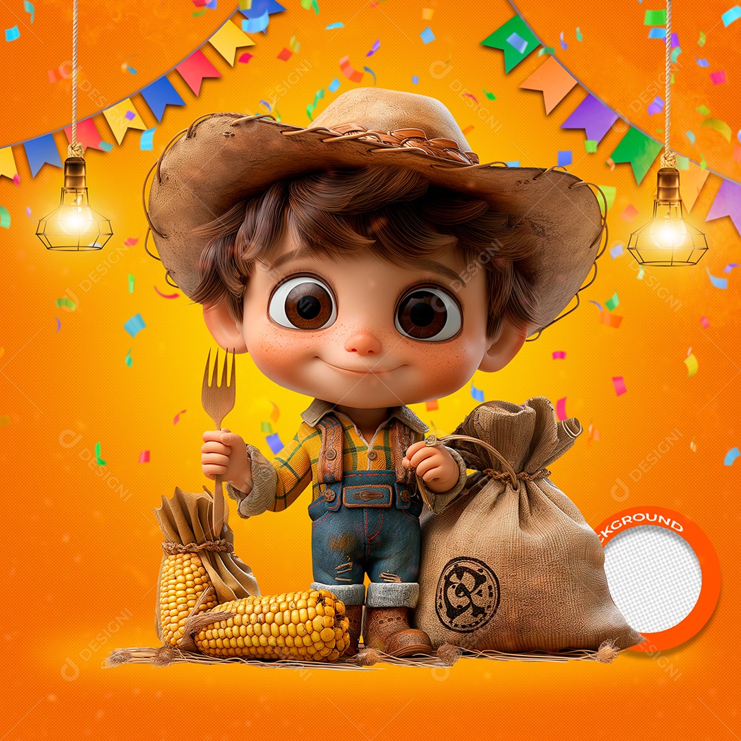Garotinho Segurando um Saco de Milho Elemento 3D para Composição PSD