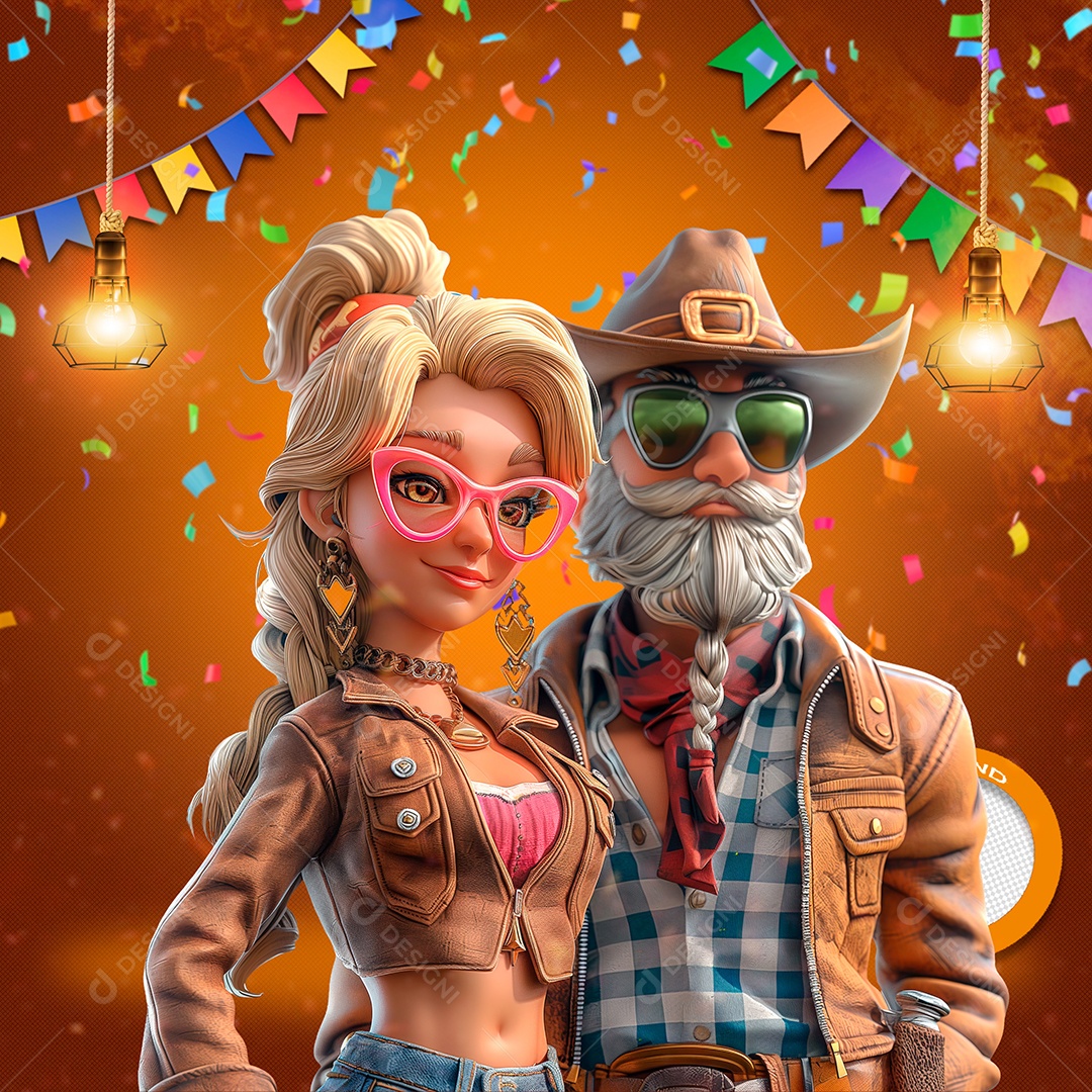 Casal do Rock em Festa Junina Elemento 3D para Composição PSD