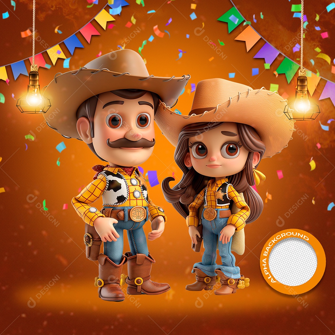 Casal com Roupas Iguais Elemento 3D de São João para Composição PSD