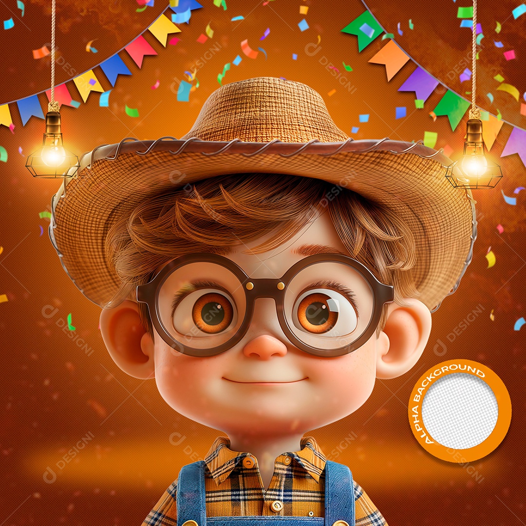 Garotinho em Festa Junina Elemento 3D de São João para Composição PSD