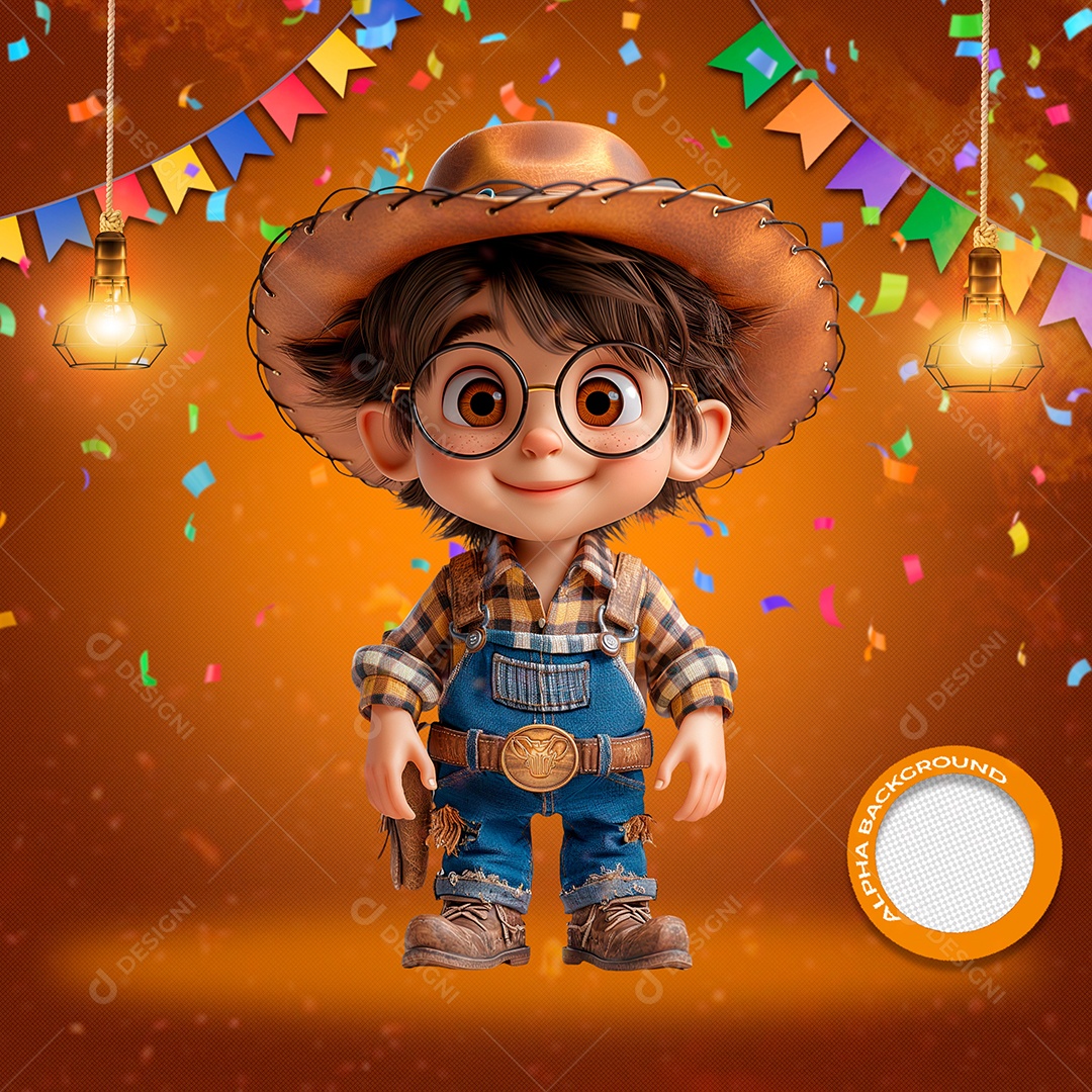 Menino Caipira Elemento 3D de São João para Composição PSD