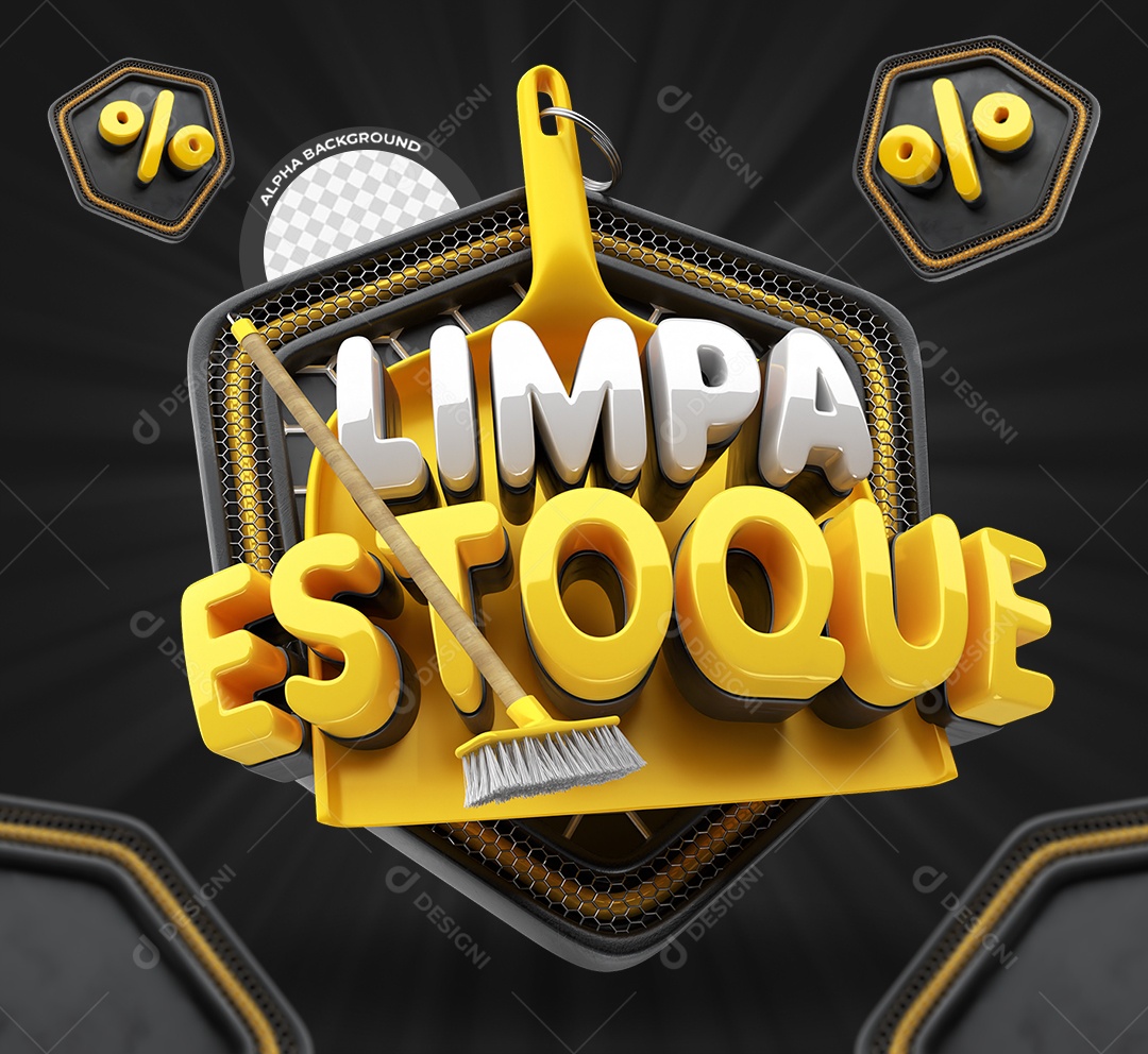 Selo 3D Limpa Estoque Amarelo e Preto para Composição PSD