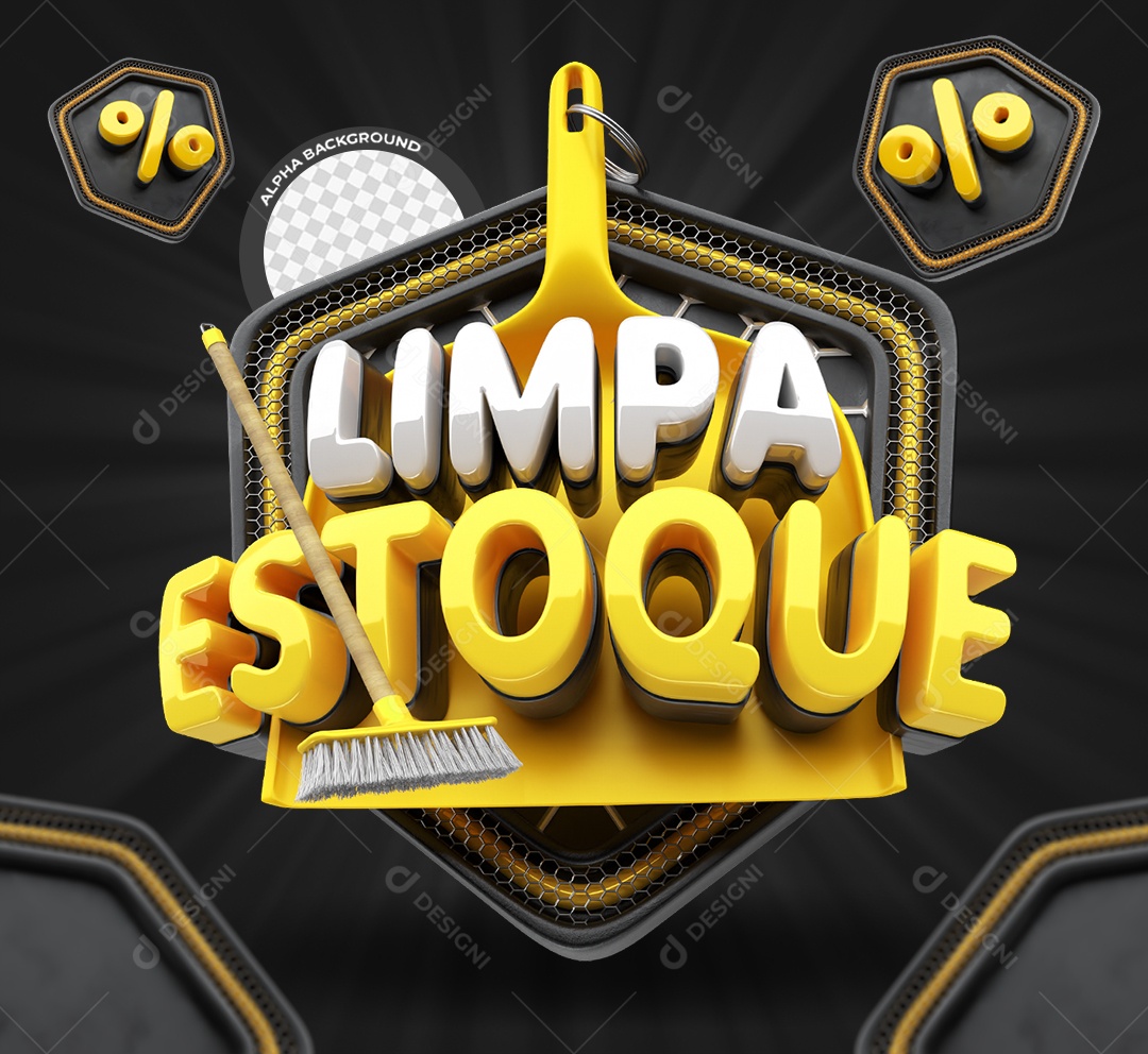 Limpa Estoque Selo 3D Amarelo e Preto para Composição PSD