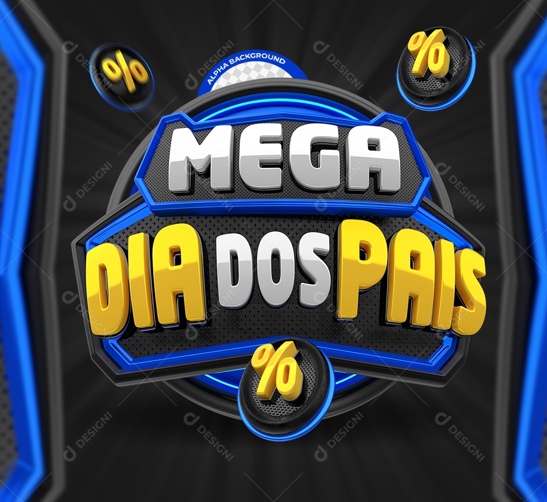 Selo 3D Mega Dia dos Pais Branco e Azul para Composição PSD