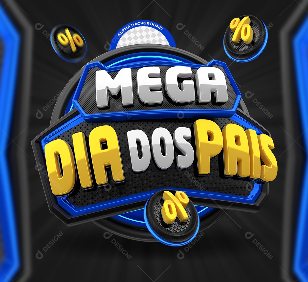 Mega Dia dos Pais Selo 3D Branco e Azul para Composição PSD