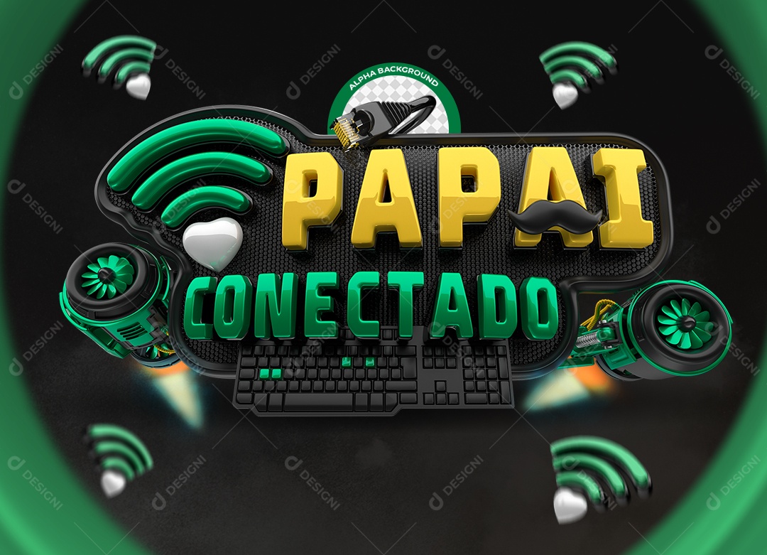 Papai Conectado Selo 3D Amarelo e Verde para Composição PSD